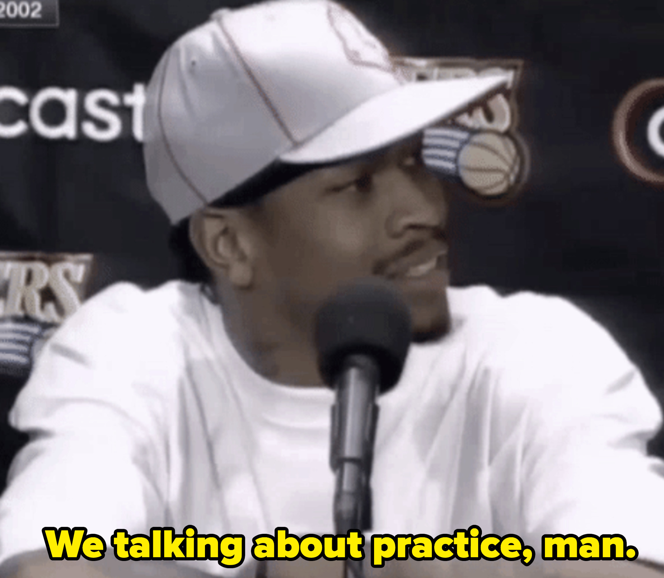 Allen Iverson at a press conference after a basketball game, saying: &quot;We talking about practice, man&quot;