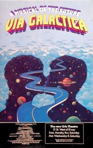 poster for Via Galactica, with a silhouette of two people kissing with planets inside them