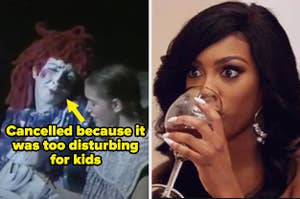 Raggedy Ann musical labeled "Cancelled because it was too disturbing for kids" and a reaction gif of a woman shocked drinking wine