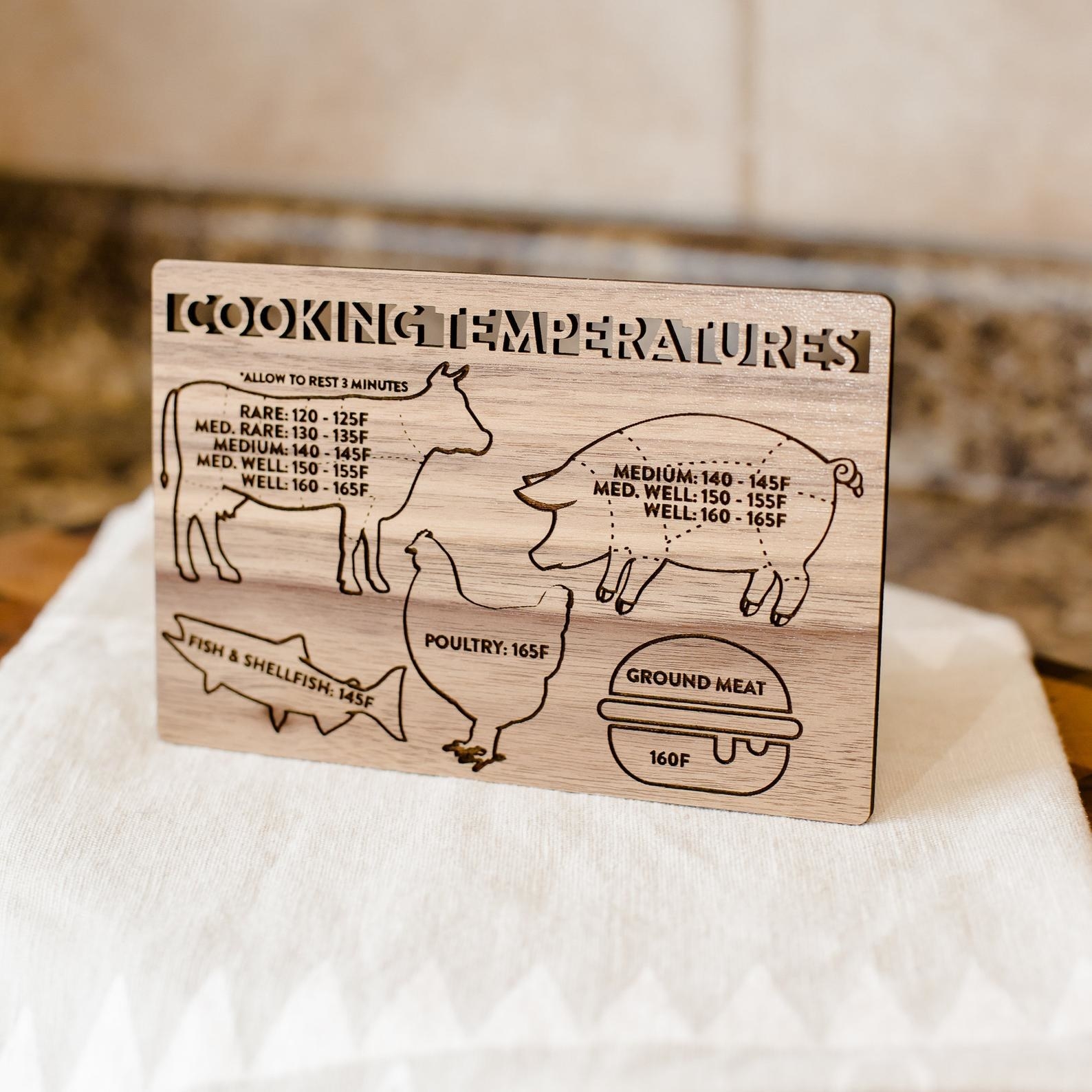 A wooden lasercut magnet with illustrations of animals and the temperatures their meats should cook at 