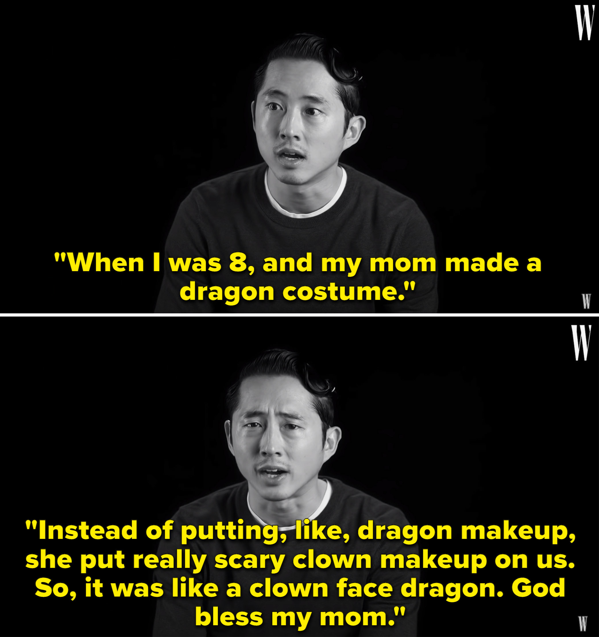 Steven saying his mom made him a dragon costume, but also put him in &quot;scary clown makeup&quot;