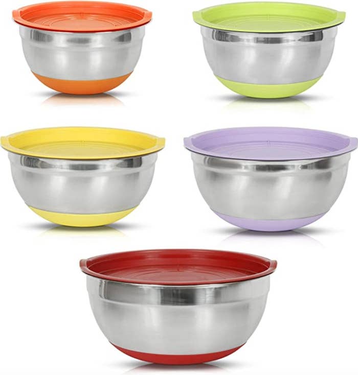 The set of mixing bowls with airtight lids in green, orange, yellow, purple, and red