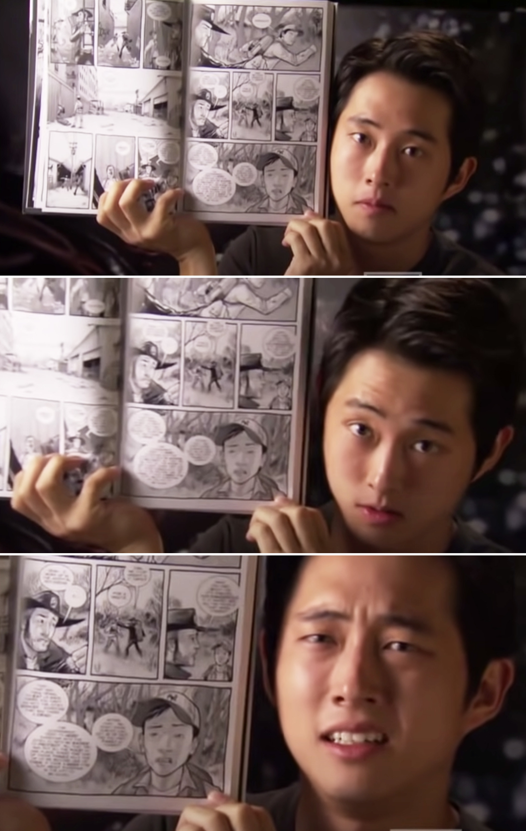 Steven holding a Walking Dead comic book and trying to mimic Glenn&#x27;s facial expressions 