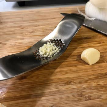 a reviewer photo of the stainless steel minder with minced garlic on it 