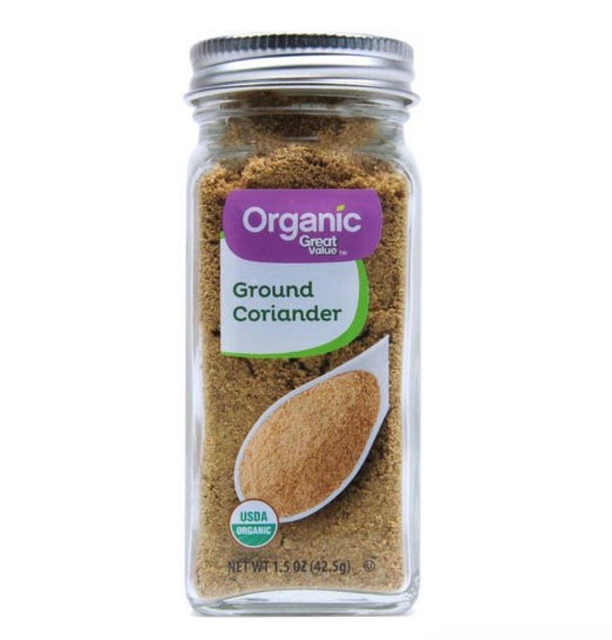 A 1.5oz jar of Great Value organic ground coriander spice