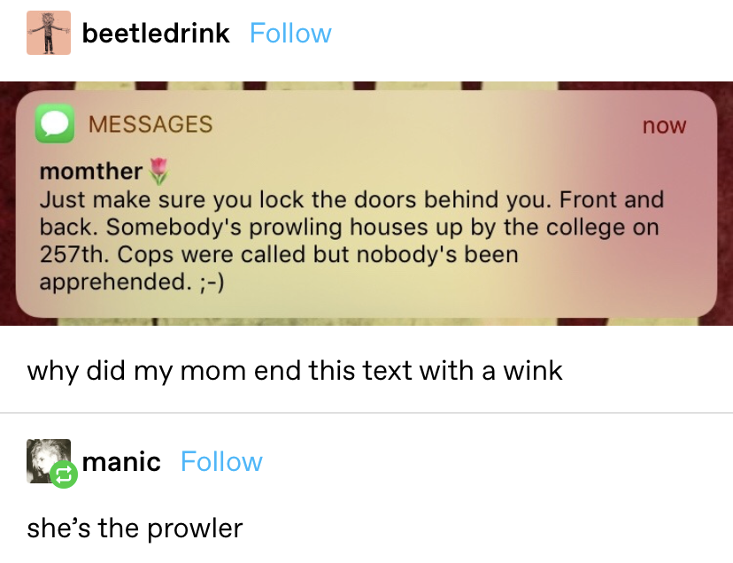Text from someone&#x27;s mom saying to lock the doors because someone is prowling houses and cops were called but no one was caught, then a winky face — OP asks why the winky face, and someone replies &quot;she&#x27;s the prowler&quot;