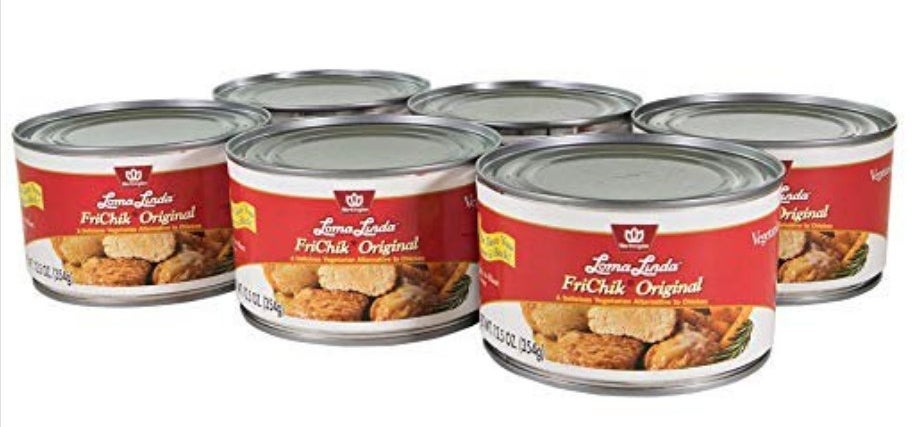 A 12-pack of Loma Linda FriChik cans