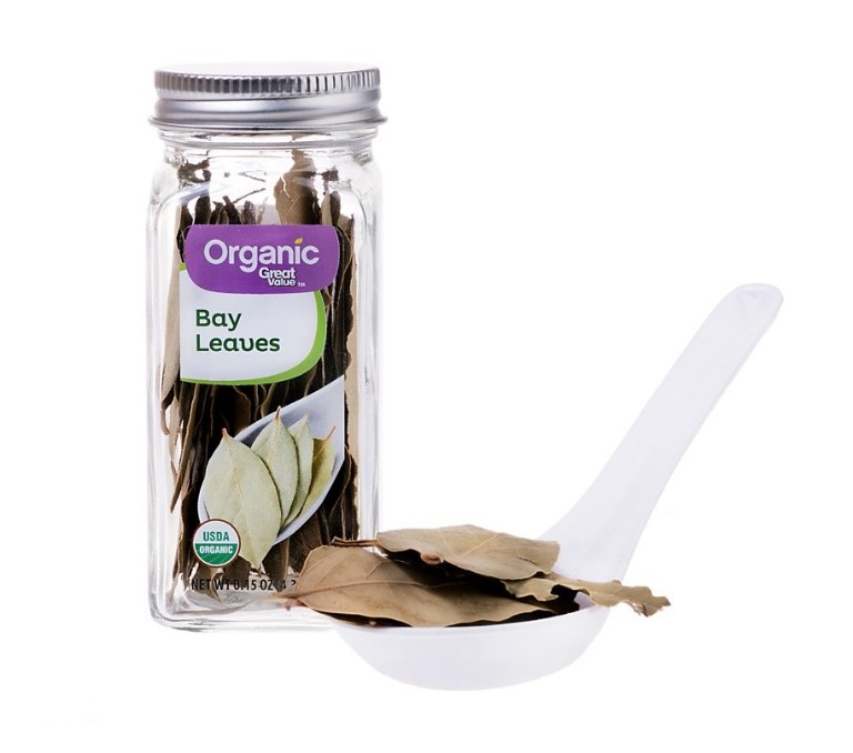 A jar of Great Value organic bay leaves