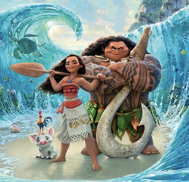 Moana standing with Maui, Pua, and Heihei