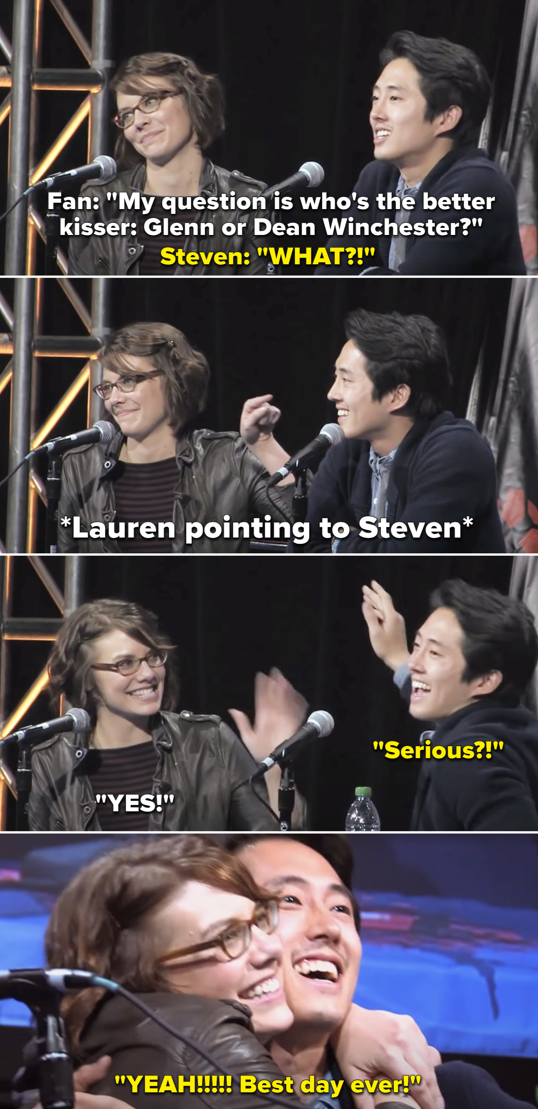 Lauren pointing at Steven after being asked if Glenn or Dean Winchester is a better kisser, and Steven saying, &quot;Yeah! Best day ever!&quot;