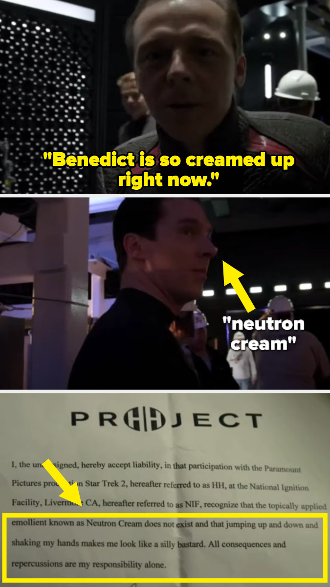 Benedict Cumberbatch wearing the fake neutron cream, and the statement he read aloud announcing that it was fake