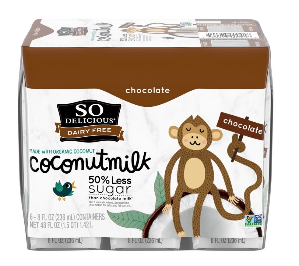 A 6-count of So Delicious dairy-free chocolate flavored coconut milk