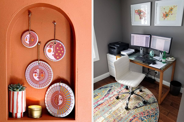 on left, ceramic hanging wall art with suns and moons. on right, circular boho rug under white desk chair