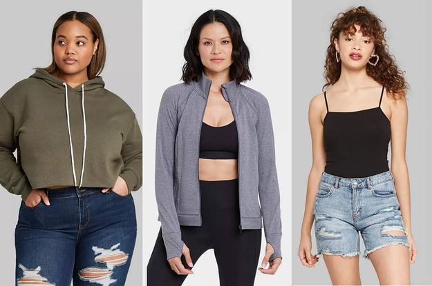 A model wearing an olive cropped hoodie on the left and a model wearing light purple pants and a white shirt on the right