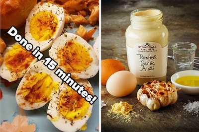 seasoned hard boiled eggs with text "done in 15 minutes!" and a jar of roasted garlic aioli