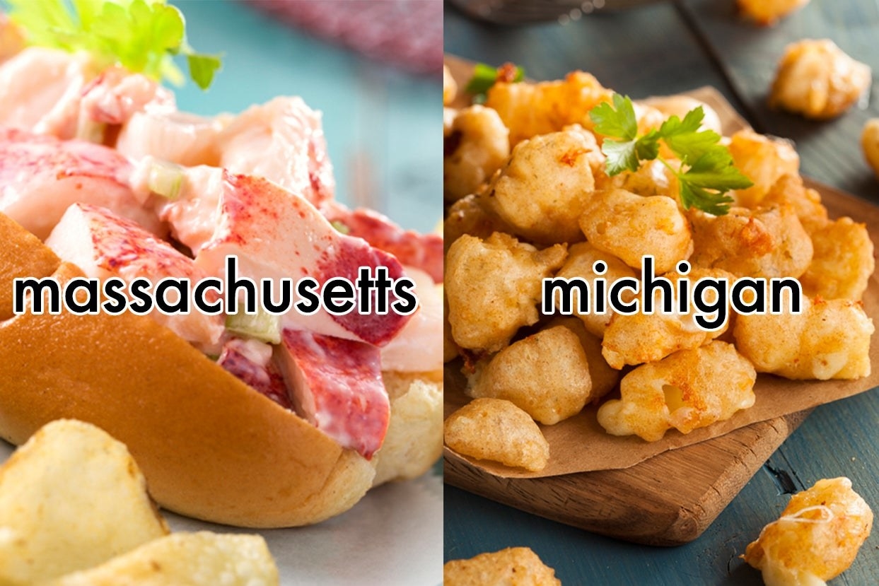 Lobster roll with word "Massachusetts" and fried cheese curds with word "Michigan"