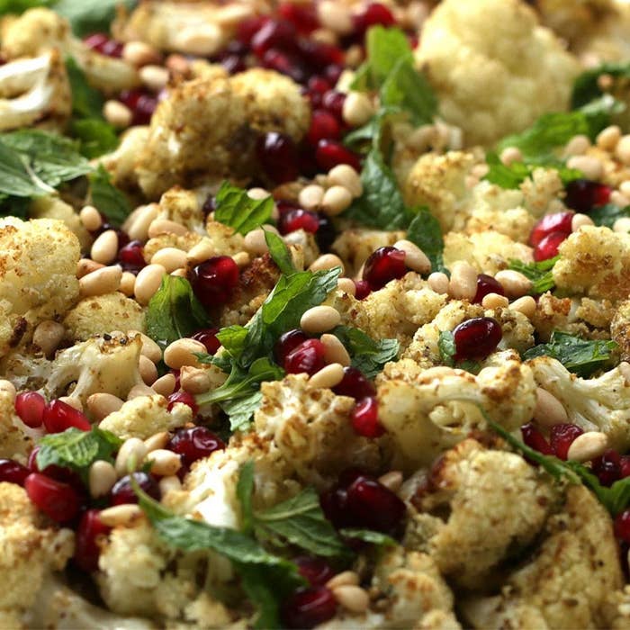 Roasted cauliflower with pine nuts and pomegranates. 