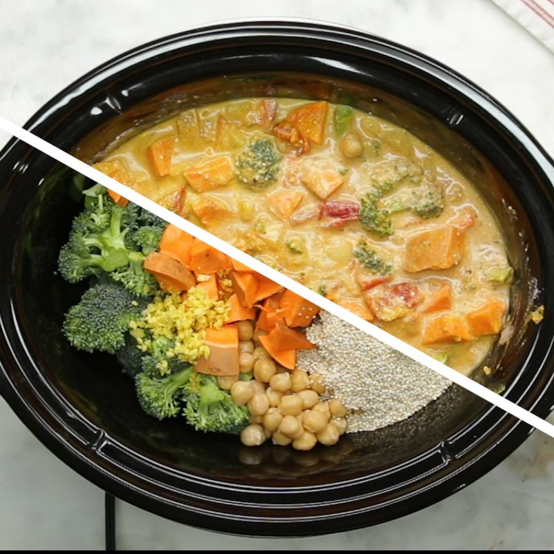 A before and after shot of slow cooker vegetarian coconut curry.