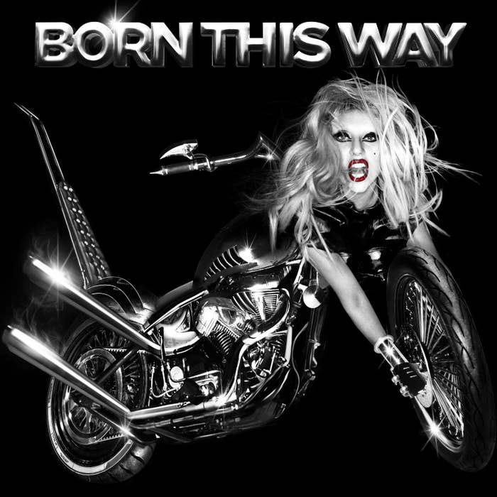 The cover of Gaga&#x27;s Born This Way album, which has her head on top of a motorcycle