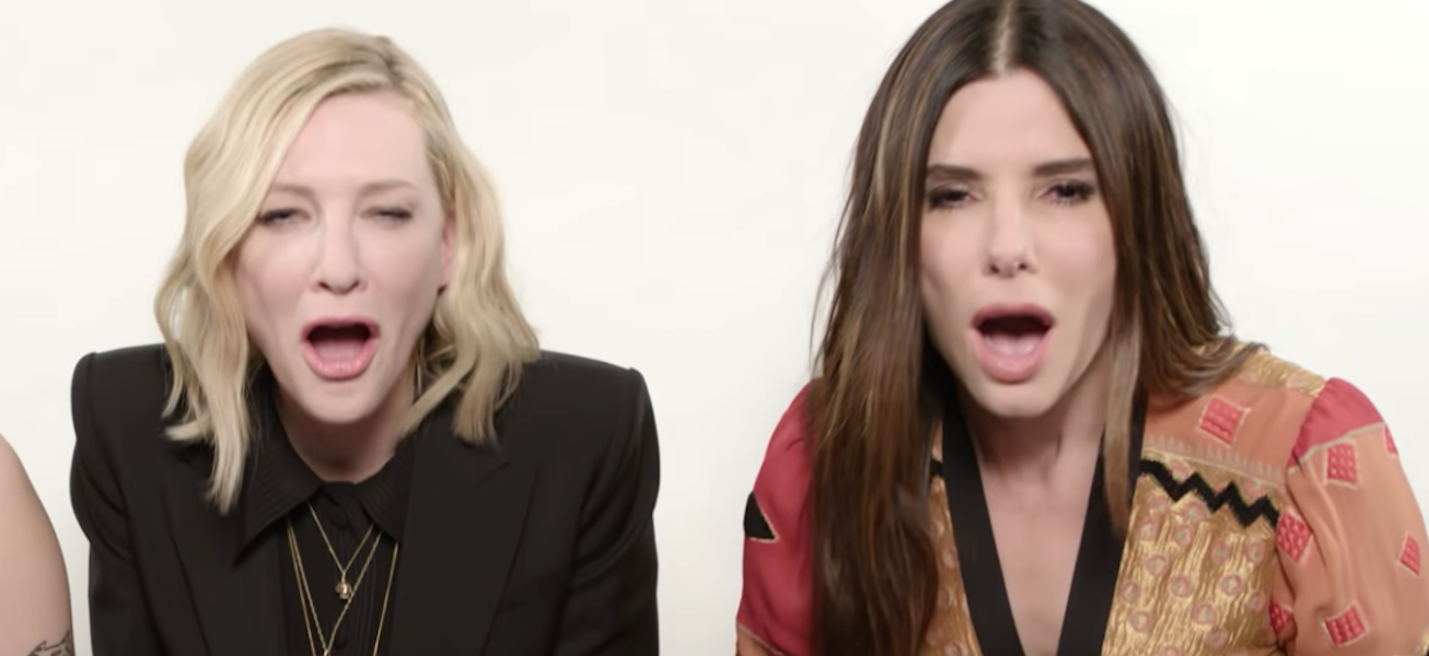 Cate Blanchett and Sandra Bullock making a disgusted/annoyed face during an &quot;Ocean&#x27;s 8&quot; interview