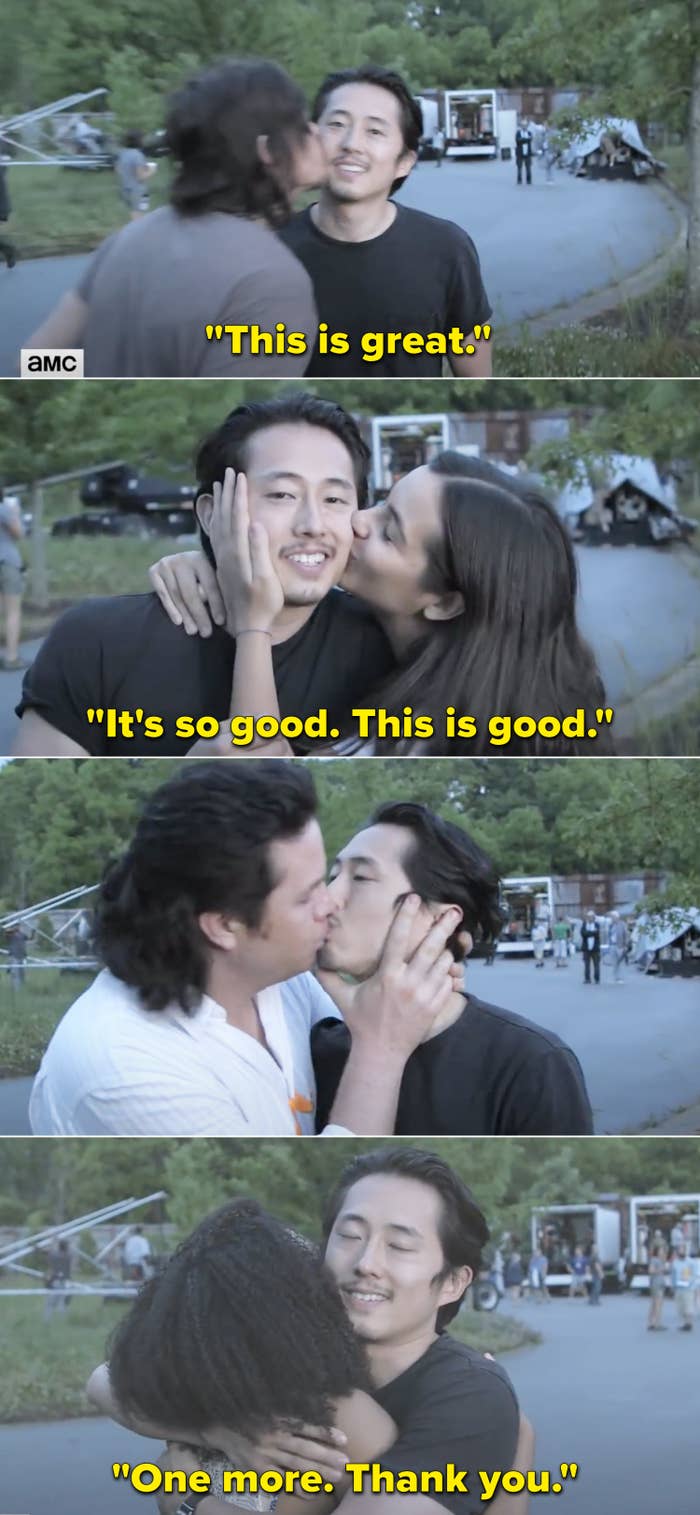 Steven saying, &quot;This is great. It&#x27;s so good. This is good. One more. Thank you,&quot; while getting kissed