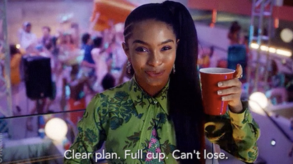 Zoey Johnson from &quot;Grown-ish&quot; saying, &quot;Clear plan. Full cup. Can&#x27;t lose&quot;