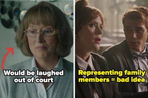 Mary Louise from "Big Little Lies" labeled "would be laughed out of court" alongside Archie and his mom on "Riverdale" labeled "representing family members = bad idea"