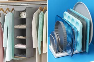a hanging organizer and a bakeware pan rack