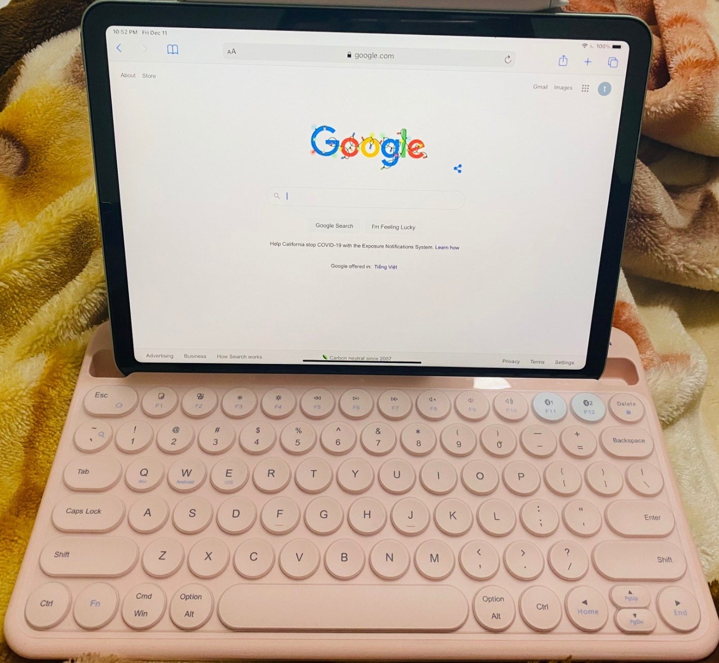 reviewer image of the pink keyboard with their iPad plugged into it