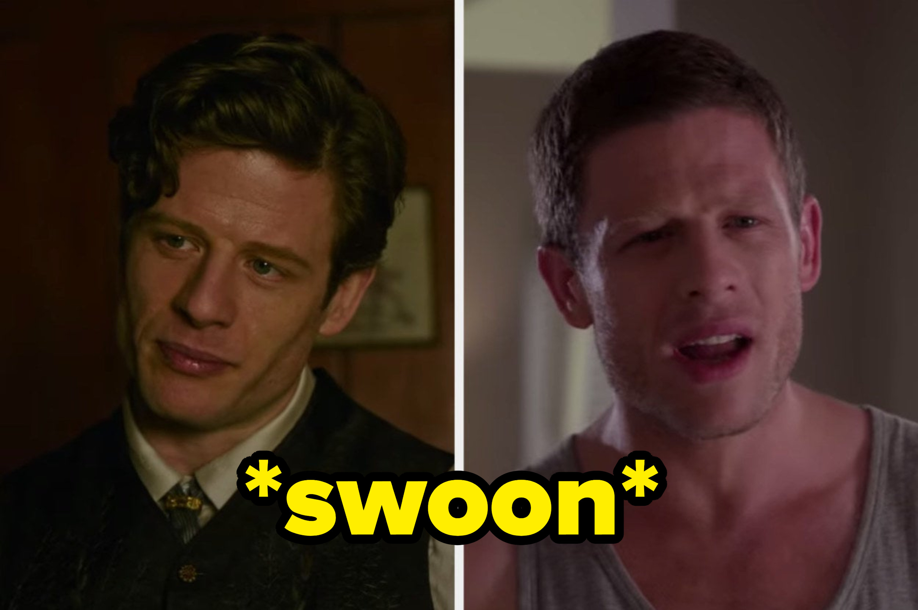 James Norton looking classy in &quot;The Nevers&quot; and more casual in &quot;Black Mirror&quot; with the caption &quot;swoon&quot;