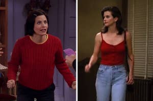 monica in a sweater and monica in a crop top and jeans