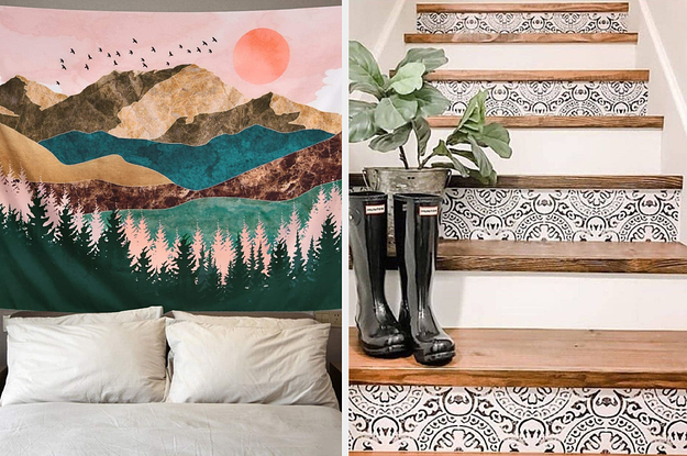 The vividly colored tapestry, featuring trees, mountains, birds, and more, hanging above a bed