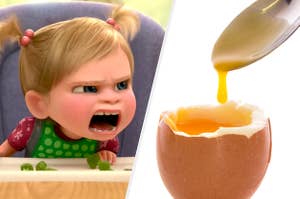 A toddler yelling at a runny egg