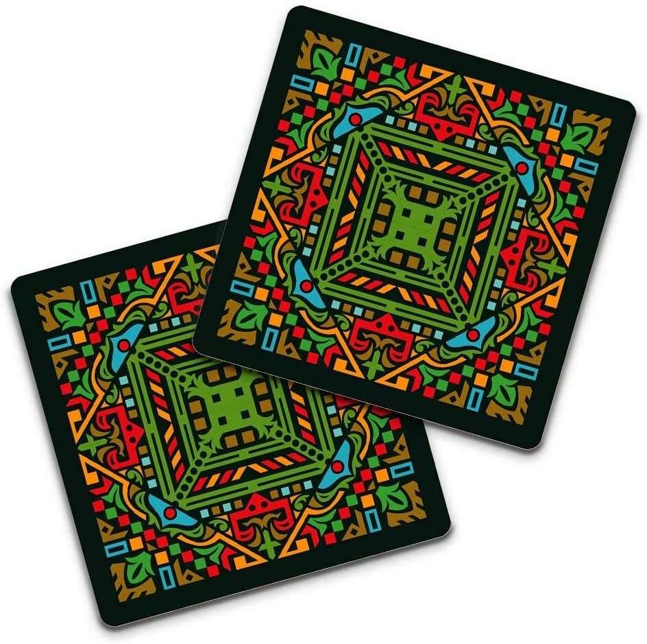 Two coasters with a multicoloured print.