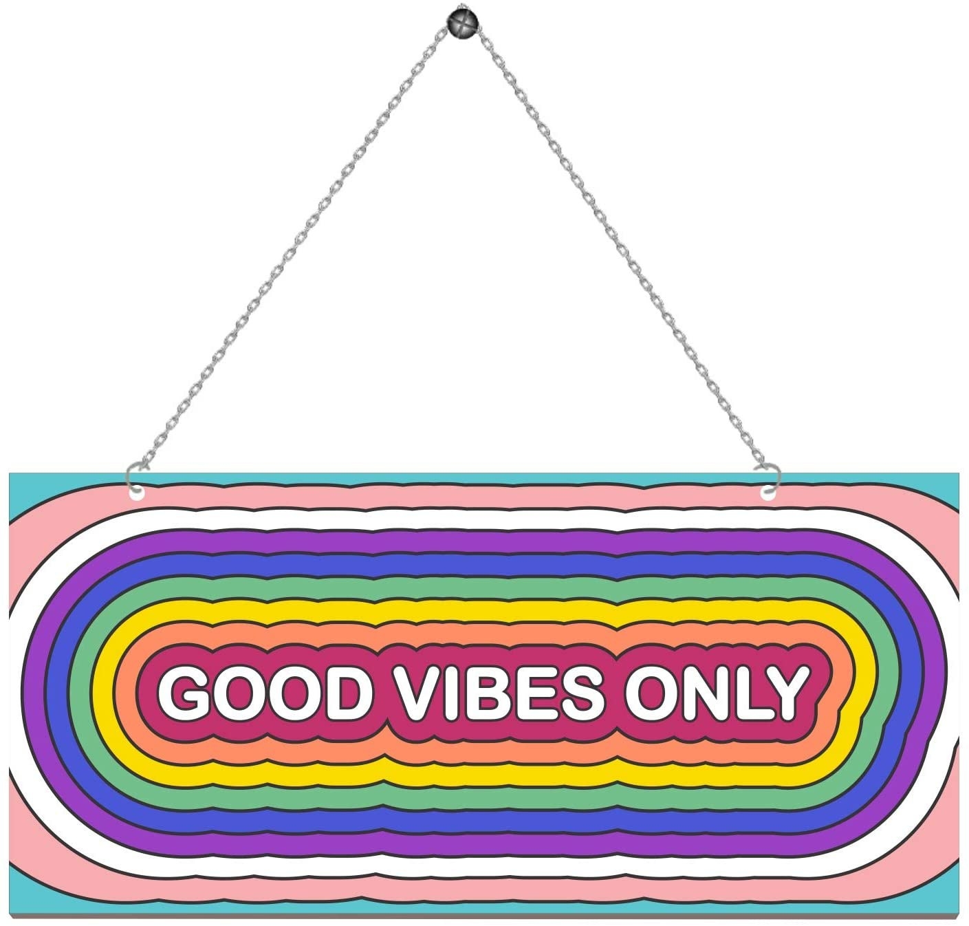 A rainbow-coloured sign that says Good Vibes Only 