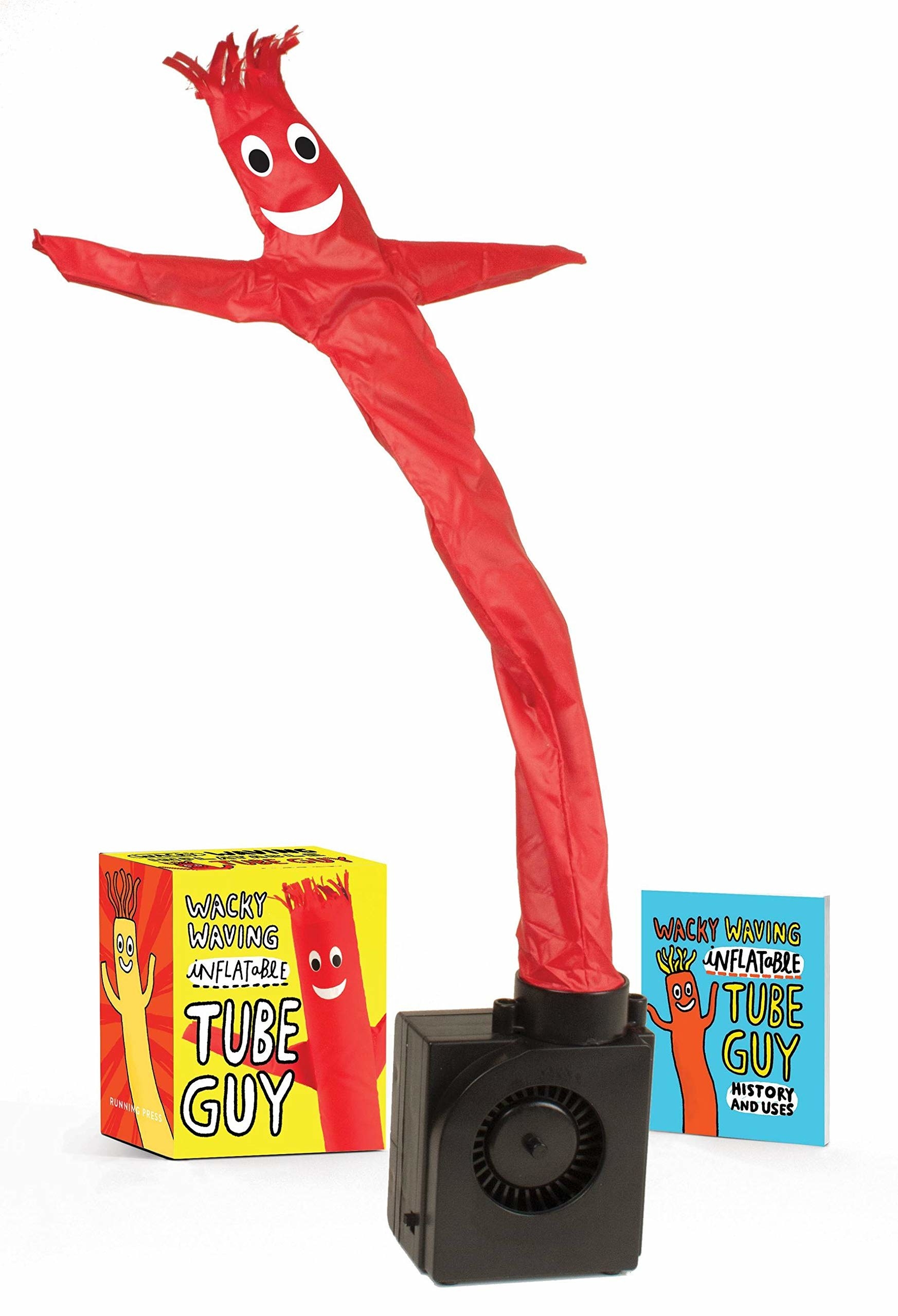 A red-coloured wacky inflatable tube guy next to the packaging 