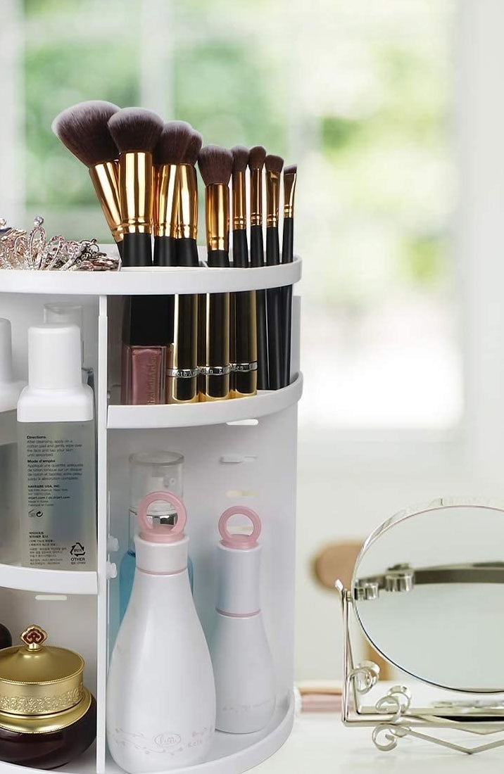 The rotating caddy filled with beauty products 