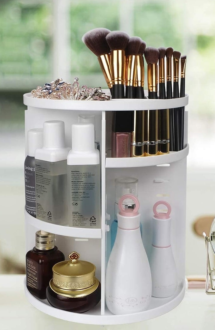The rotating caddy filled with beauty products