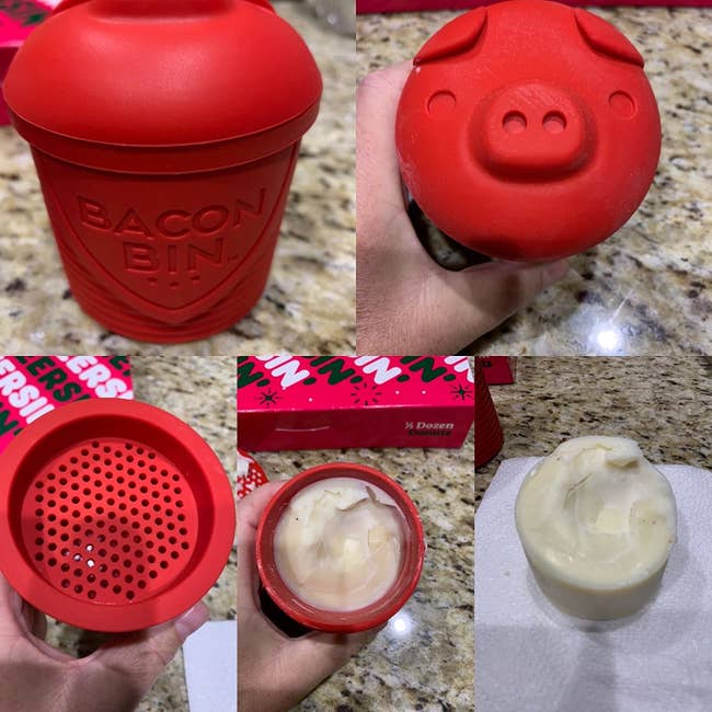 a collage of multiple reviewer images showing the red silicone bacon bin with a lid shaped like a pig's head, the strainer, and solidified bacon grease that has been store din the bin 