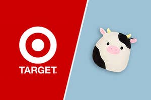 An cow squishmallow plushie beside the target logo 