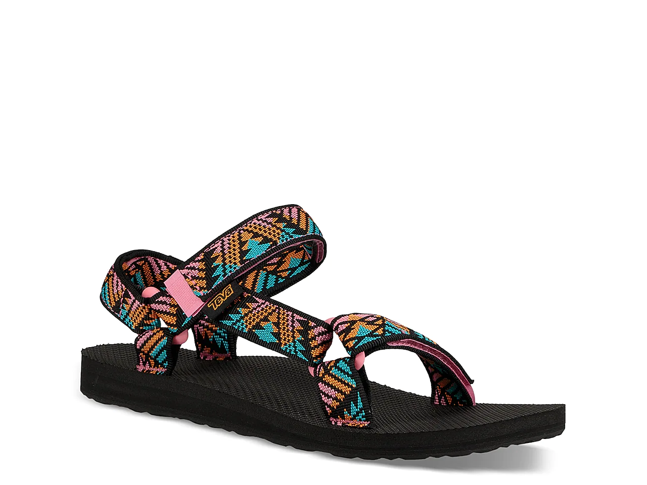 A strappy sandal with multi-colored print