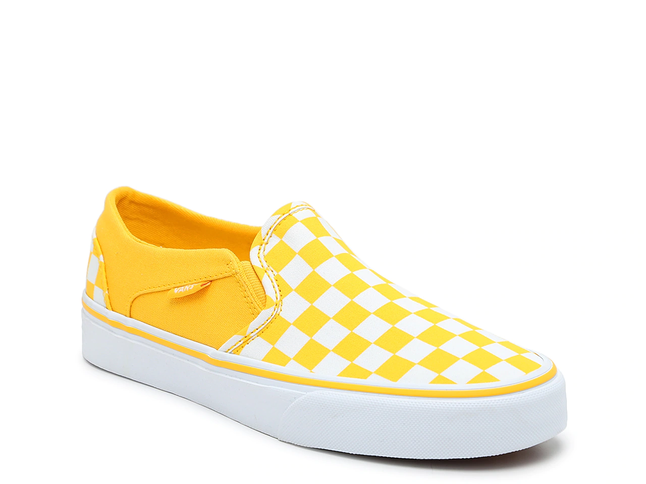 A Vans slip on shoe in bright checkered yellow