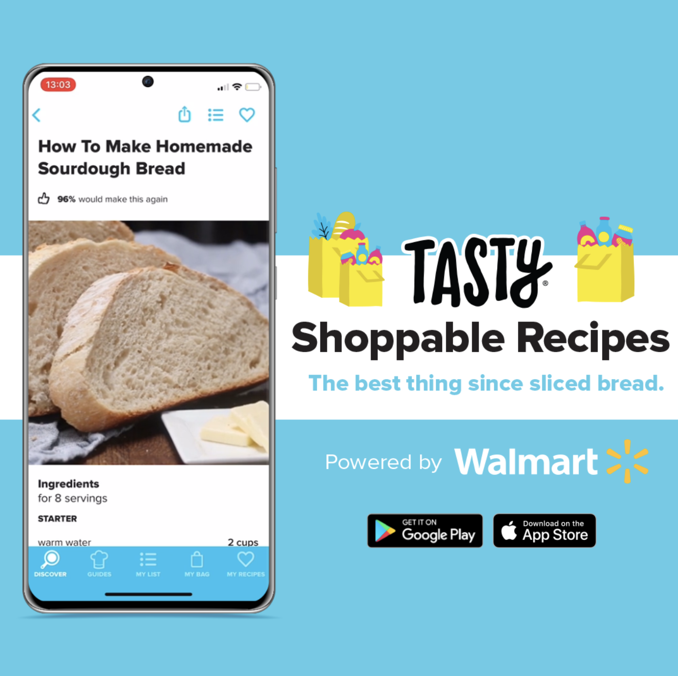 illustrated walmart/tasty banner showing a sourdough recipe on a phone