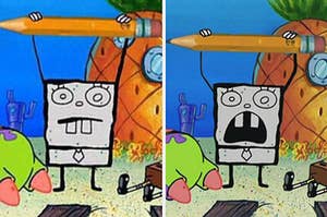 animated sponge holds a pencil above its head, yelling