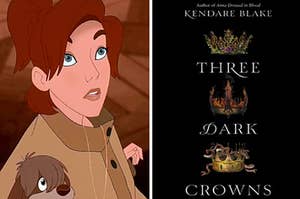 Meg Ryan as Anastasia "Anya" Romanov in the movie "Anastasia" and the book cover for "Three Dark Crowns" shows three different bejeweled crowns.