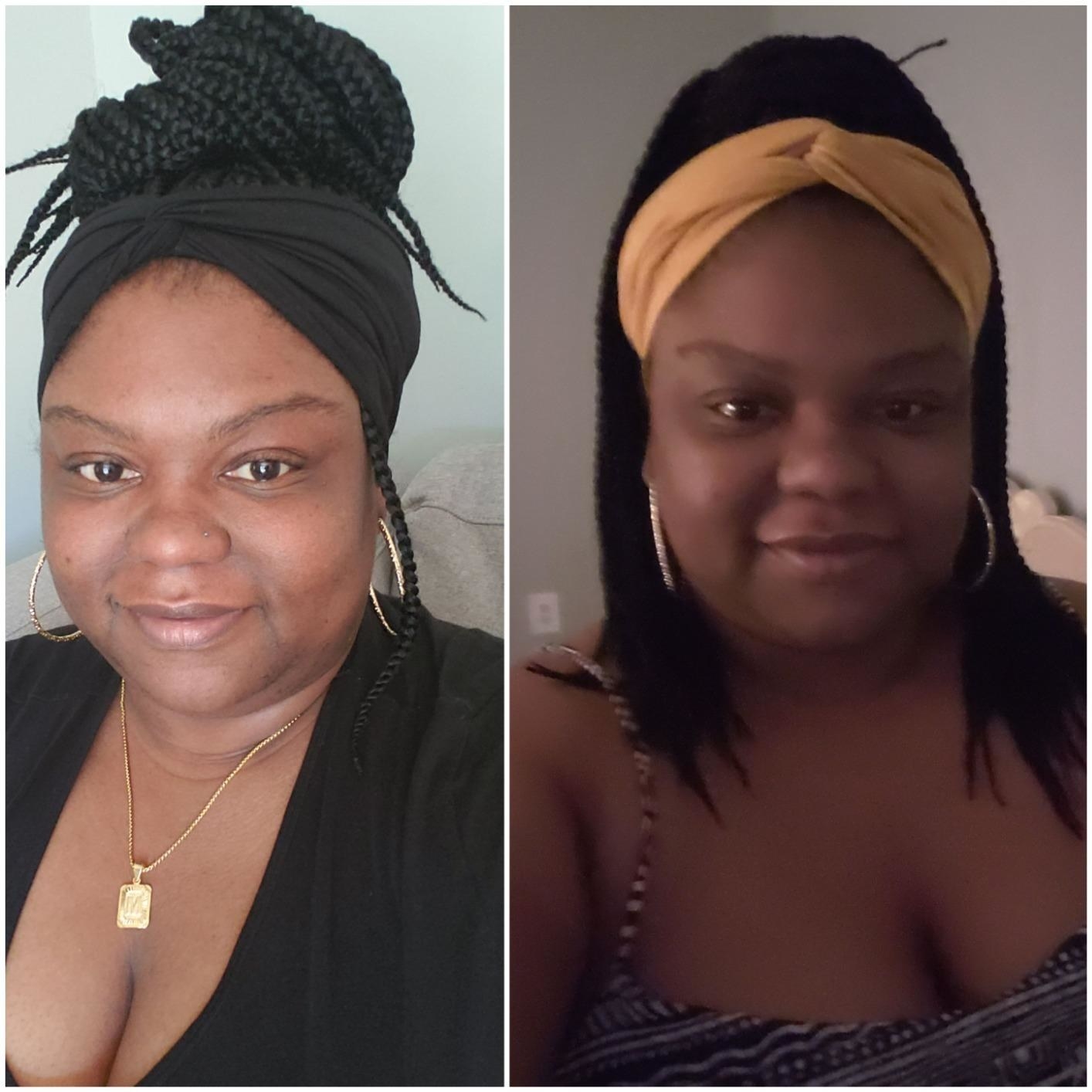 reviewer wearing the thick twist-front headbands in black and yellow