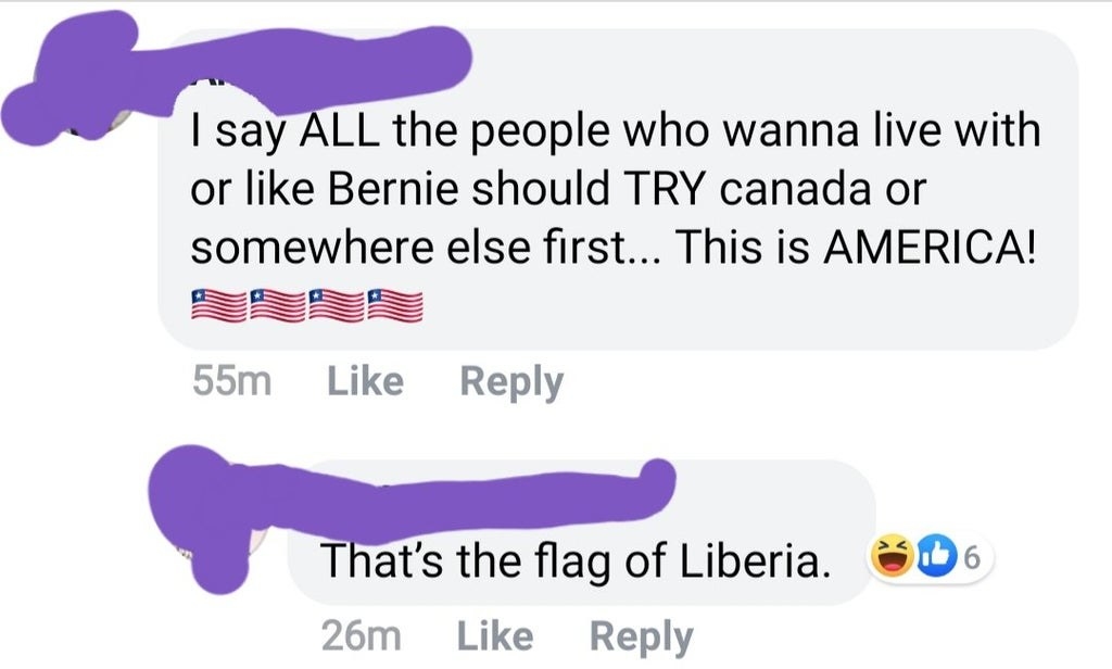Person who says if you like Bernie go to Canada, and they use the flag of Liberia instead of the US flag