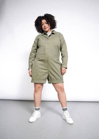 a different model wearing the romper in army green