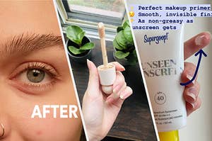 after of a brow product, rare beauty applicator, supergoop sunscreen