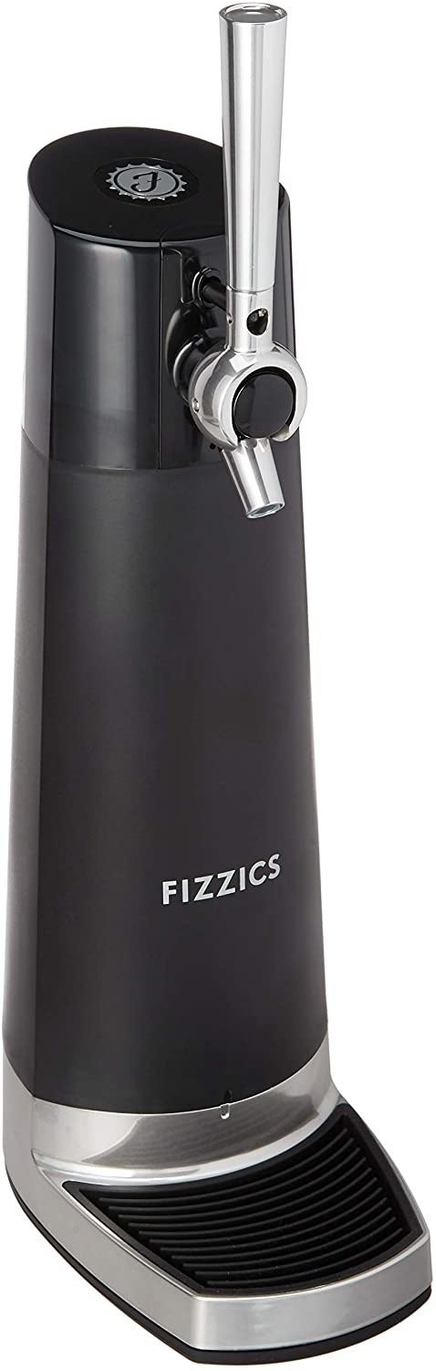 The front of the beer dispenser with the brand name &quot;FIZZICS&quot; etched across the front of it
